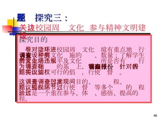 主题探究三： 探究目的 　 引导学生对校园周边文化环境有重点地进行 调查 ：了解文化设施的种类、数量；了解学生的文化消费水平及文化营业场所是否有违规行为等。在调查的基础上， 写出一份调查报告 ，针对问题提出切实可行的倡议，行使监督权。 　这是一个包括调查目的、调查过程、发现问题、提出倡议、行使监督权等多个环节的过程，也是一个重在参与、体验、感悟、提高的过程。 关注校园周边文化  参与精神文明建设   