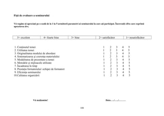 Fişă de evaluare a seminarului
Vă rugăm să apreciaţi pe o scală de la 1 la 5 următorii parametri ai seminarului la care aţi participat. Încercuiţi cifra care exprimă
aprecierea dvs.
5= excelent 4= foarte bine 3= bine 2= satisfăcător 1= nesatisfăcător
1. Conţinutul temei 1 2 3 4 5
2. Utilitatea temei 1 2 3 4 5
3. Originalitatea modului de abordare 1 2 3 4 5
4. Sistematizarea şi coerenţa materialului 1 2 3 4 5
5. Modalitatea de prezentare a temei 1 2 3 4 5
6. Metodele şi mijloacele utilizate 1 2 3 4 5
7. Încadrarea în timp 1 2 3 4 5
8. Prestaţia formatorului/ echipei de formatori 1 2 3 4 5
9. Eficienţa seminarului 1 2 3 4 5
10.Calitatea organizării 1 2 3 4 5
Vă mulţumim! Data…../…../………
108
 