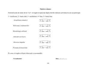 Fişă de evaluare
Folosind scala de notare de la 1 la 5 vă rugăm să apreciaţi după criteriile indicate activitatea la care aţi participat.
1= insuficient; 2= foarte slab; 3= satisfăcător; 4= bine; 5= foarte bine
Actualitatea tematicii
Relevanţa conţinuturilor
Metodologia utilizată
Atmosfera de lucru
Alocarea timpului
Prestaţia formatorului
Pe verso vă rugăm să faceţi observaţii şi recomandări.
Vă mulţumim! Data…../…../……..
109
 