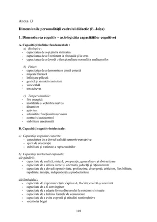 Anexa 13
Dimensiunile personalităţii cadrului didactic (E. Joiţa)
1. Dimensiunea cognitiv – axiologică(a capacităţilor cognitive)
A. Capacităţi biofizice fundamentale :
a) Biologice :
- capacitatea de a-şi păstra sănătatea
- capacitatea de a fi rezistent la oboseală şi la stres
- capacitatea de a dovedi o funcţionalitate normală a analizatorilor
b) Fizice:
- capacitatea de a demonstra o ţinută corectă
- mişcare firească
- înfăţişare plăcută
- gestică şi mimică controlate
- voce caldă
- ton adecvat
c) Temperamentale:
- fire energică
- mobilitate şi echilibru nervos
- dinamism
- activism
- intensitate funcţională nervoasă
- control şi autocontrol
- stabilitate emoţională
B. Capacităţi cognitiv-intelectuale:
a) Capacităţi cognitive concrete:
- capacitatea de a dovedi calităţi senzorio-perceptive
- spirit de observaţie
- stabilitate şi varietate a reprezentărilor
b) Capacităţi intelectual-raţionale:
ale gândirii:
- capacitate de analiză, sinteză, comparaţie, generalizare şi abstractizare
- capacitate de a utiliza corect şi alternativ judecăţi şi raţionamente
- capacitate de a dovedi operativitate, profunzime, divergenţă, criticism, flexibilitate,
rapiditate, intuiţie, independenţă şi productivitate
ale limbajului :
- capacitate de exprimare clară, expresivă, fluentă, corectă şi coerentă
- capacitate de a fi convingător
- capacitate de a adapta forma discursului la conţinut şi situaţie
- capacitate de a îmbina formele de comunicare
- capacitate de a evita expresii şi atitudini nestimulative
- vocabular bogat
110
 