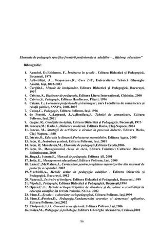Elemente de pedagogie specifice formării profesionale a adulţilor – ,, lifelong education”
Bibliografie:
1. Ausubel, D.;Robinson, F., Învăţarea în şcoală , Editura Didactică şi Pedagogică,
Bucureşti, 1978
2. Adăscăliţei, A.; Braşoveanu,R., Curs IAC, Universitatea Tehnică Gheorghe
Asachi, Iaşi, 2002-2003
3. Cerghit,I., Metode de învăţământ, Editura Didactică şi Pedagogică, Bucureşti,
1997
4. Cristea, S., Dicţioanr de pedagogie, Editura Litera Internaţional, Chişinău, 2000
5. Cristea,S., Pedagogie, Editura Hardiscom, Piteşti, 1996
6. Crişan, C., Formarea profesională şi trainingul , curs Facultatea de comunicare şi
relaţii publice, SNSPA, 2006-2007
7. Cucoş,C., Pedagogie, Editura Polirom, Iaşi, 1996
8. de Peretti, A.;Legrand, J.,A.;Boniface,J., Tehnici de comunicare, Editura
Polirom, Iaşi, 2001
9. Gagne, R., Condiţiile învăţării, Editura Didactică şi Pedagogică, Bucureşti, 1975
10. Ionescu,M.; Radu,I., Didactica modernă, Editura Dacia, Cluj-Napoca, 2004
11. Ionesu, M., Strategii de activizare a elevilor în procesul didactic, Editura Dacia,
Cluj-Napoca, 1980
12. Istrate,O., Educaţia la distanţă.Proiectarea materialelor, Editura Agata, 2000
13. Iucu, R., Instruirea şcolară, Editura Polirom, Iaşi, 2001
14. Iucu, R; Manolescu,M., Elemente de pedagogie,Editura Credis,2006
15. Iucu, R., Managementul clasei de elevi, Editura Fundaţiei Culturale Dimitrie
Bolintineanu, 2000
16. Jinga,I.; Istrate,E., Manual de pedagogie, Editura All, 2001
17. Joiţa, E., Management educaţional, Editura Polirom, Iaşi, 2000
18. Lane,C.;McMahon,J., Curriculum pentru pregătirea supervizorilor din sistemul de
protecţie a copilului, 2002
19. Muchielli,A., Metode active în pedagogia adulţilor , Editura Didactică şi
Pedagogică, Bucureşti, 1982
20. Neacşu,I., Instruire şi învăţare, Editura Didactică şi Pedagogică, Bucureşti,1999
21. Nicola,I., Pedagogie, Editura Didactică şi Pedagogică, Bucureşti,1994
22. Oprea,C.,L., Metode activ-participative de stimulare şi dezvoltare a creativităţii în
educaţia adulţilor, în revista Paideia, Nr.3-4, 2002
23. Păun,E., Şcoala – o abordare sociopedagogică, Editura Polirom, Iaşi,1999
24. Păun,E.;Potolea,D., Pedagogie.Fundamentări teoretice şi demersuri aplicative,
Editura Polirom, Iaşi,2002
25. Pânişoară, I.,O., Comunicarea eficientă, Editura Polirom,Iaşi,2006
26. Stoica,M., Pedagogie şi psihologie, Editura Gheorghe Alexandru, Craiova,2002
86
 