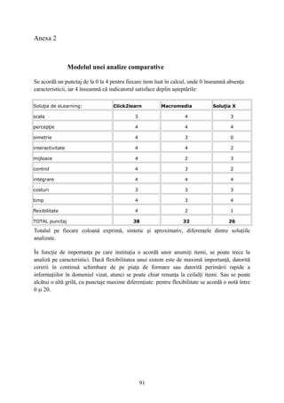 Anexa 2
Modelul unei analize comparative
Se acordă un punctaj de la 0 la 4 pentru fiecare item luat în calcul, unde 0 înseamnă absenţa
caracteristicii, iar 4 înseamnă că indicatorul satisface deplin aşteptările:
Soluţia de eLearning: Click2learn Macromedia Soluţia X
scala 3 4 3
percepţie 4 4 4
simetrie 4 3 0
interactivitate 4 4 2
mijloace 4 2 3
control 4 3 2
integrare 4 4 4
costuri 3 3 3
timp 4 3 4
flexibilitate 4 2 1
TOTAL punctaj 38 32 26
Totalul pe fiecare coloană exprimă, sintetic şi aproximativ, diferenţele dintre soluţiile
analizate.
În funcţie de importanţa pe care instituţia o acordă unor anumiţi itemi, se poate trece la
analiză pe caracteristici. Dacă flexibilitatea unui sistem este de maximă importanţă, datorită
cererii în continuă schimbare de pe piaţa de formare sau datorită perimării rapide a
informaţiilor în domeniul vizat, atunci se poate chiar renunţa la ceilalţi itemi. Sau se poate
alcătui o altă grilă, cu punctaje maxime diferenţiate: pentru flexibilitate se acordă o notă între
0 şi 20.
91
 