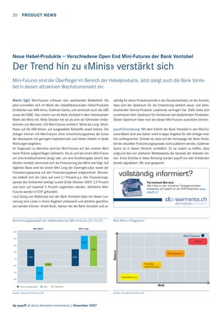 20

PRODUCT NEWS

Neue Hebel-Produkte – Verschiedene Open End Mini-Futures der Bank Vontobel

Der Trend hin zu «Minis» verstärkt sich
Mini-Futures sind die Überﬂieger im Bereich der Hebelprodukte. Jetzt steigt auch die Bank Vontobel in diesen attraktiven Wachstumsmarkt ein.
Martin Egli| Mini-Futures erfreuen sich wachsender Beliebtheit. Bis
jetzt tummelten sich im Markt der volatilitätsneutralen Hebel-Produkte
Emittenten wie ABN Amro, Goldman Sachs, und vereinzelt auch die UBS
sowie die HSBC. Neu mischt nun die Bank Vontobel in dem interessanten
Markt der Minis mit. Mitte Oktober hat sie als eine der führenden Anbieterinnen von Warrants 120 Mini-Futures emittiert. Meist als Long- ShortPaare auf die SMI-Aktien, auf ausgewählte Rohstoffe sowie Indizes. Die
Anleger können mit Mini-Futures ohne Umschichtungsstress die Kurse
der Basiswerte mit geringem Kapitaleinsatz und hohen Hebeln in beide
Richtungen begleiten.
Im Gegensatz zu Warrants wird bei Mini-Futures auf den inneren Wert
keine Prämie aufgeschlagen (Zeitwert). Da es sich bei einem Mini-Future
um eine Kreditaufnahme (long) oder um eine Kreditvergabe (short) des
Käufers handelt, berechnet sich die Finanzierung des Minis wie folgt: Auf
täglicher Basis wird bei einem Mini Long der Overnight-Libor sowie der
Finanzierungsspread auf den Finanzierungslevel aufgerechnet. Momentan beläuft sich der Libor auf rund 2,1 Prozent p.a. Der Finanzierungsspread des Emittenten beträgt zurzeit (Ende Oktober 2007) 2,5 Prozent
und kann auf maximal 5 Prozent angehoben werden. Sämtliche MiniFutures werden in CHF gehandelt.
Laut Georg von Wattenwyl von der Bank Vontobel habe mit dieser Lancierung eine Lücke in ihrem Angebot umfassend und attraktiv geschlossen werden können. André Buck, Advisor bei der Bank Vontobel und zu-

Berechnungsbeispiel der Haltekosten bei Mini-Futures (22.10.07)
Mini Short

ständig für deren Produktvertrieb in der Deutschschweiz, ist der Ansicht,
dass sich der Spielraum für die Entwicklung wirklich neuer und bahnbrechender Derivat-Produkte zusehends verringert hat. Dafür biete sich
zunehmend mehr Spielraum für Variationen bei bestehenden Produkten.
Diesen Spielraum habe man bei diesen Mini-Futures ausnützen können.
payoff-Einschätzung: Mit dem Eintritt der Bank Vontobel in den Mini-Futures-Markt wird das bisher recht knappe Angebot für den Anleger endlich umfangreicher. Schade ist, dass auf der Homepage der Bank Vontobel die aktuellen Finanzierungsspreads nicht publiziert werden, Goldman
Sachs ist in dieser Hinsicht vorbildlich. Es ist zudem zu hoffen, dass
aufgrund des nun stärkeren Wettbewerbs die Spreads der Anbieter sinken. Erste Schritte in diese Richtung wurden payoff von den Emittenten
bereits signalisiert. Wir sind gespannt!

vollständig informiert?
Termsheet-Service
Alle Infos zu den einzelnen Anlageprodukten.
Kostenlos auf payoff.ch als PDF-Download.www.
payoff.ch

Risk-Return-Diagramm

Mini Long

5%

Mini-Futures
4%

Hebel

2.0%
4.5%
2%
1%

2.5%

2.5%

Partizipation
Renditeoptimierung

0.5%

0%
-1 %

Return

3%

-2.0%

Kapitalschutz

-2 %
Finanzierungsspread

Libor

Risk

Totalkosten

Quelle: Derivative Partners AG

dp payoff all about derivative investments | November 2007

Quelle: Derivative Partners AG

 