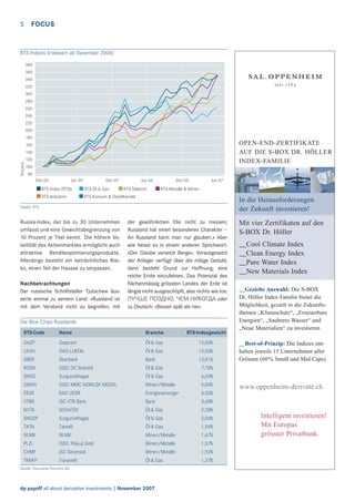 5

FOCUS

RTS Indizes (indexiert ab Dezember 2004)
380
360
340
320
300
280
260
240
220
200
180

OPEN-END-ZERTIFIKATE
AUF DIE S-BOX DR. HÖLLER
INDEX-FAMILIE

160
140
Prozent

120
100
80
Dez 04

Jun 05

Dez 05

Jun 06

RTS Index (RTSI)

RTS-Öl & Gas

RTS-Telekom

RTS-Industrie

Dez 06

Jun 07

RTS-Metalle & Minen

RTS-Konsum & Detailhandel

In die Herausforderungen
der Zukunft investieren!

Quelle: RTS

Russia-Index, der bis zu 30 Unternehmen
umfasst und eine Gewichtsbegrenzung von
10 Prozent je Titel kennt. Die höhere Volatilität des Aktienmarktes ermöglicht auch
attraktive Renditeoptimierungsprodukte.
Allerdings besteht ein beträchtliches Risiko, einen Teil der Hausse zu verpassen.
Nachbetrachtungen
Der russische Schriftsteller Tjutschew äusserte einmal zu seinem Land: «Russland ist
mit dem Verstand nicht zu begreifen, mit

der gewöhnlichen Elle nicht zu messen;
Russland hat einen besonderen Charakter –
An Russland kann man nur glauben.» Aber
wie heisst es in einem anderen Sprichwort:
«Der Glaube versetzt Berge». Vorausgesetzt
der Anleger verfügt über die nötige Geduld,
dann besteht Grund zur Hoffnung, eine
reiche Ernte einzufahren. Das Potenzial des
ﬂächenmässig grössten Landes der Erde ist
längst nicht ausgeschöpft, also nichts wie los:
ЛУЧШЕ ПОЗДНО, ЧЕМ НИКОГДА oder
zu Deutsch: «Besser spät als nie».

Die Blue Chips Russlands
RTS-Code

Name

Branche

RTS-Indexgewicht

GAZP

Gazprom

Öl & Gas

15,00%

LKOH

OAO LUKOIL

Öl & Gas

15,00%
13,81%

SBER

Sberbank

Bank

ROSN

OJSC OC Rosneft

Öl & Gas

Surgutneftegas

Öl & Gas

OJSC MMC NORILSK NICKEL

Minen/Metalle

5,00%

EESR

RAO UESR

Energieversorger

JSC VTB Bank

Bank

3,68%

NVTK

NOVATEK

Öl & Gas

2,28%

SNGSP

Surgutneftegas

Öl & Gas

2,06%

TATN

Tatneft

Öl & Gas

1,94%

NLMK

NLMK

Minen/Metalle

1,67%

PLZL

OJSC Polyus Gold

Minen/Metalle

1,57%

CHMF

JSC Severstal

Minen/Metalle

1,53%

TRNFP

Transneft

Öl & Gas

1,37%

__Best-of-Prinzip: Die Indizes enthalten jeweils 15 Unternehmen aller
Grössen (60 % Small und Mid Caps).

4,55%

VTBR

__Gezielte Auswahl: Die S-BOX
Dr. Höller Index-Familie bietet die
Möglichkeit, gezielt in die Zukunftsthemen „Klimaschutz“, „Erneuerbare
Energien“, „Sauberes Wasser“ und
„Neue Materialien“ zu investieren.

6,65%

GMKN

__Cool Climate Index
__Clean Energy Index
__Pure Water Index
__New Materials Index

7,70%

SNGS

Mit vier Zertifikaten auf den
S-BOX Dr. Höller

Quelle: Derivative Partners AG

dp payoff all about derivative investments | November 2007

www.oppenheim-derivate.ch

Intelligent investieren!
Mit Europas
grösster Privatbank.

 
