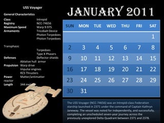 JANUARY 2011 The USS Voyager (NCC-74656) was an Intrepid-class Federation starship launched in 2371 under the command of Captain Kathryn Janeway. The vessel was noted for independently, and successfully, completing an unscheduled seven-year journey across the previously unexplored Delta Quadrant between 2371 and 2378. USS Voyager General Characteristics Class Intrepid Registry NCC-74656 Maximum   Speed Warp 9.975 Armaments Tricobalt Device  Photon Torpedoes Photon Torpedoes  Transphasic  Torpedoes  Type X Phasers Defenses Deflector shields Ablative hull  armor  Propulsion Warp drive Impulse engines RCS Thrusters Power Matter/antimatter  reactor Length 344 meters 
