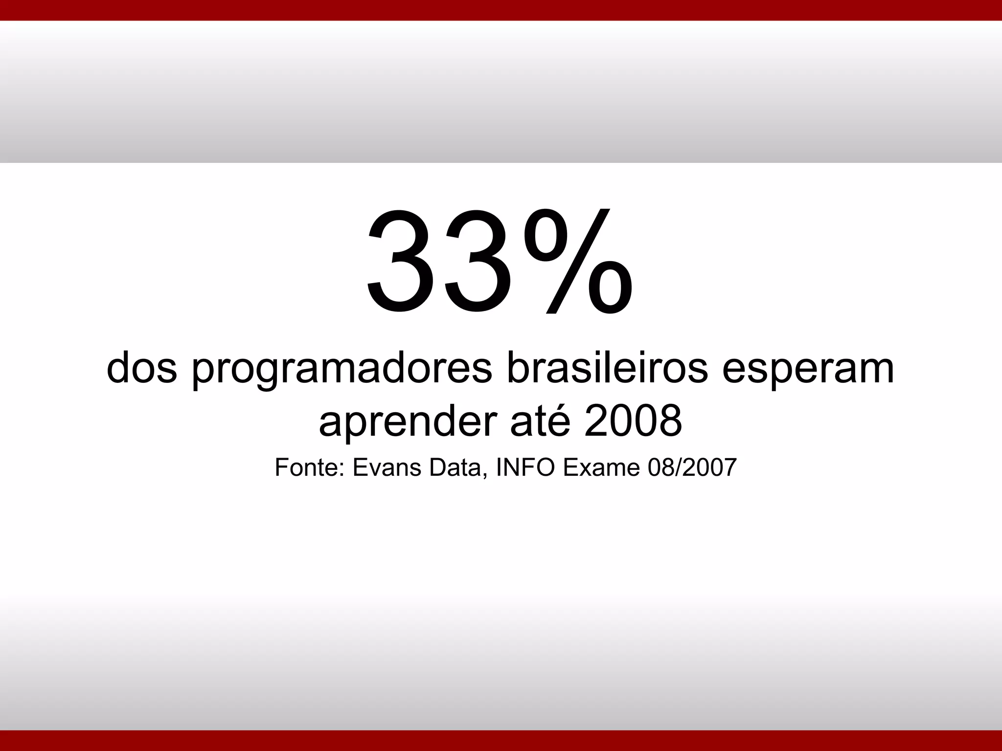 33% dos programadores brasileiros esperam aprender até 2008 Fonte: Evans Data, INFO Exame 08/2007 