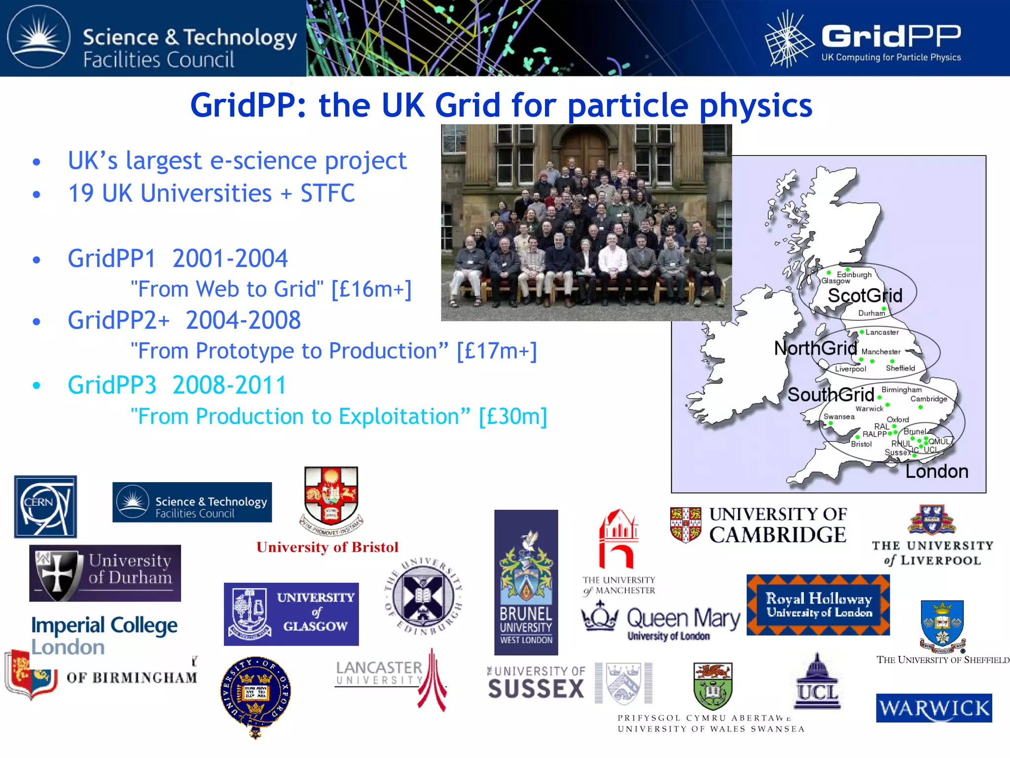 GridPP: the UK Grid for particle physics UK’s largest e-science project 19 UK Universities + STFC GridPP1  2001-2004 "From Web to Grid" [£16m+] GridPP2+  2004-2008  "From Prototype to Production” [£17m+] GridPP3  2008-2011   "From Production to Exploitation” [£30m] 