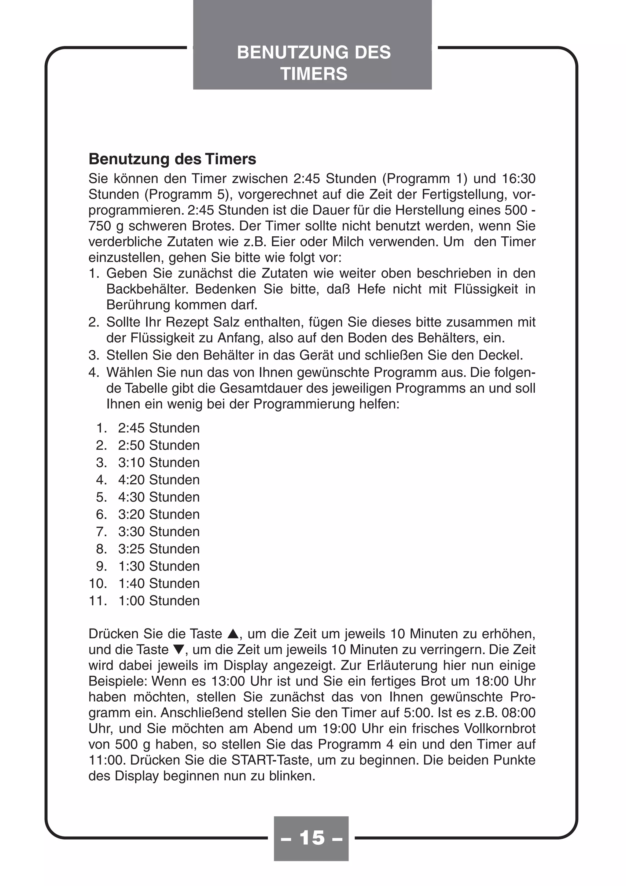 BENUTZUNG DES
                           TIMERS



Benutzung des Timers
Sie können den Timer zwischen 2:45 Stunden (Programm 1) und 16:30
Stunden (Programm 5), vorgerechnet auf die Zeit der Fertigstellung, vor-
programmieren. 2:45 Stunden ist die Dauer für die Herstellung eines 500 -
750 g schweren Brotes. Der Timer sollte nicht benutzt werden, wenn Sie
verderbliche Zutaten wie z.B. Eier oder Milch verwenden. Um den Timer
einzustellen, gehen Sie bitte wie folgt vor:
1. Geben Sie zunächst die Zutaten wie weiter oben beschrieben in den
   Backbehälter. Bedenken Sie bitte, daß Hefe nicht mit Flüssigkeit in
   Berührung kommen darf.
2. Sollte Ihr Rezept Salz enthalten, fügen Sie dieses bitte zusammen mit
   der Flüssigkeit zu Anfang, also auf den Boden des Behälters, ein.
3. Stellen Sie den Behälter in das Gerät und schließen Sie den Deckel.
4. Wählen Sie nun das von Ihnen gewünschte Programm aus. Die folgen-
   de Tabelle gibt die Gesamtdauer des jeweiligen Programms an und soll
   Ihnen ein wenig bei der Programmierung helfen:
 1.   2:45   Stunden
 2.   2:50   Stunden
 3.   3:10   Stunden
 4.   4:20   Stunden
 5.   4:30   Stunden
 6.   3:20   Stunden
 7.   3:30   Stunden
 8.   3:25   Stunden
 9.   1:30   Stunden
10.   1:40   Stunden
11.   1:00   Stunden

Drücken Sie die Taste L, um die Zeit um jeweils 10 Minuten zu erhöhen,
und die Taste M, um die Zeit um jeweils 10 Minuten zu verringern. Die Zeit
wird dabei jeweils im Display angezeigt. Zur Erläuterung hier nun einige
Beispiele: Wenn es 13:00 Uhr ist und Sie ein fertiges Brot um 18:00 Uhr
haben möchten, stellen Sie zunächst das von Ihnen gewünschte Pro-
gramm ein. Anschließend stellen Sie den Timer auf 5:00. Ist es z.B. 08:00
Uhr, und Sie möchten am Abend um 19:00 Uhr ein frisches Vollkornbrot
von 500 g haben, so stellen Sie das Programm 4 ein und den Timer auf
11:00. Drücken Sie die START-Taste, um zu beginnen. Die beiden Punkte
des Display beginnen nun zu blinken.



                               – 15 –
 