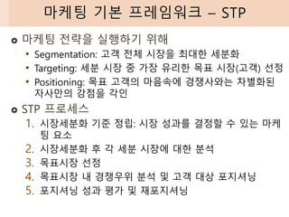  마케팅 전략을 실행하기 위해
• Segmentation: 고객 전체 시장을 최대한 세분화
• Targeting: 세분 시장 중 가장 유리한 목표 시장(고객) 선정
• Positioning: 목표 고객의 마음속에 경쟁사와는 차별화된
자사만의 강점을 각인
 STP 프로세스
1. 시장세분화 기준 정립: 시장 성과를 결정할 수 있는 마케
팅 요소
2. 시장세분화 후 각 세분 시장에 대한 분석
3. 목표시장 선정
4. 목표시장 내 경쟁우위 분석 및 고객 대상 포지셔닝
5. 포지셔닝 성과 평가 및 재포지셔닝
마케팅 기본 프레임워크 – STP
 