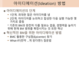  아이디에이션의 단계
• 1단계. 최대한 많은 아이디어를 냄
• 2단계. 아이디어를 논의하고 합성한 다음 실행 가능한 몇
가지로 좁힘
* 기존의 BM과 완전히 다를 필요는 없음, 경쟁력을 높이기
위해 현재 BM 범위를 확장시키는 것 또한 혁신
 혁신적인 BM을 위한 아이디에이션 방법
• BMC 활용한 구심점(Epicenter) 찾기
• What-If?(만약 …게 된다면?) 질문법
아이디에이션(Ideation) 방법
 
