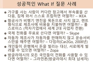  가구를 사는 사람이 커다란 창고에서 부속품을 산
다음, 집에 와서 스스로 조립하면 어떨까? – IKEA
 항공사가 비행기 엔진을 목돈으로 사지 않고, 렌트
형식으로 제조사에 비용을 지불하면 어떨까? – 롤
스로이스 (적자기업에서 세계 2대 사업자 전환)
 국제 전화를 무료로 쓴다면 어떨까? – Skype
 자동차 제조사가 자동차를 판매하지 않고 운송서비
스만을 해주면 어떨까? – 다임러(Car2Go, 2008년)
 개인들이 은행에서 돈을 빌리는 대신, 서로에게 빌
려줄 수 있으면 어떨까? – Zopa
 방글라데시의 모든 국민들이 전화를 사용할 수 있
다면 어떨까? – 그라민폰(방글라데시 최대 납세자)
성공적인 What If 질문 사례
 