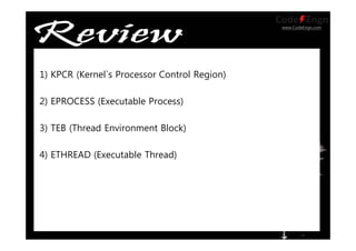 www.CodeEngn.com
1) KPCR (Kernel`s Processor Control Region)
2) EPROCESS (Executable Process)
3) TEB (Thread Environment Block)
4) ETHREAD (Executable Thread)
 