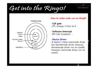 www.CodeEngn.com
How to make code run on Ring0?
- Call gate
: CPL change 3 from to 0
- Software Interrupt
: API Call, Exception, ..
- Device Driver
: It doesn`t mean Usermode driver
but Kernelmode drvier, because
Kernelmode driver run on Level0,
however, Usermode driver run on
Level3.
 