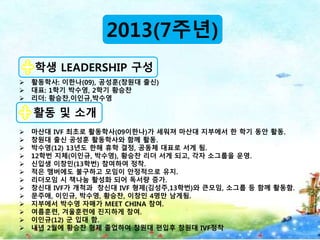  활동학사: 이한나(09), 공성훈(창원대 출신)
 대표: 1학기 박수영, 2학기 황승찬
 리더: 황승찬,이인규,박수영
 마산대 IVF 최초로 활동학사(09이한나)가 세워져 마산대 지부에서 한 학기 동안 활동.
 창원대 출신 공성훈 활동학사와 함께 활동.
 박수영(12) 13년도 한해 휴학 결정, 공동체 대표로 서게 됨.
 12학번 지체(이인규, 박수영), 황승찬 리더 서게 되고, 각자 소그룹을 운영.
 신입생 이창민(13학번) 참여하여 정착.
 적은 맴버에도 불구하고 모임이 안정적으로 유지.
 리더모임 시 책나눔 활성화 되어 독서량 증가.
 창신대 IVF가 개척과 창신대 IVF 형제(김성주,13학번)와 큰모임, 소그룹 등 함께 활동함.
 문주애, 이인규, 박수영, 황승찬, 이창민 4명만 남게됨.
 지부에서 박수영 자매가 MEET CHINA 참여.
 여름훈련, 겨울훈련에 진지하게 참여.
 이인규(12) 군 입대 함.
 내년 2월에 황승찬 형제 졸업하여 창원대 편입후 창원대 IVF정착
2013(7주년)
학생 LEADERSHIP 구성
활동 및 소개
 
