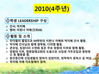  간사: 박지혜
 맴버: 이한나 자매(간호09)
 리더들의 졸업으로 09학번의 이한나 자매와 박지혜 간사 활동.
 박지혜 간사님과 함께 원투원, 디피엠 활동.
 큰모임, 징검다리 수련회 등은 주로 창원대 지부와 함께 활동.
 창원대 지부, 영광침례교회의 도움으로 신입생 가두모집과 동방청
소 등 활동을 함.
 중간중간에 신입생들의 참여가 있었지만, 정착하지 못하고 곧 떠남.
 박지혜 자매 미트말레이 참여.
2010(4주년)
학생 LEADERSHIP 구성
활동 및 소개
 