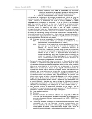 Miércoles 20 de julio de 2016 DIARIO OFICIAL (Segunda Sección) 85
6.2.1. Historial académico con el 100% de los créditos o el documento
oficial que acredite que la carrera o bachillerato está terminada,
en original con sello de la institución educativa que lo emite, o
6.2.2. Carta de Pasante emitida por la autoridad correspondiente.
Para acreditar el cumplimiento del requisito de escolaridad cuando el perfil del
puesto en concurso solicite Licenciatura o Profesional con nivel de avance Titulado;
o bien Licenciatura o Profesional con nivel de avance Pasante y Carrera
Terminada y con fundamento en el numeral 175 de las DRHSPC, se aceptará el
grado de maestría o doctorado en las áreas de estudio y carreras genéricas
establecidas en el perfil del puesto de que se trate. El grado de maestría o
doctorado implica la obtención del Título o bien la Cédula Profesional
correspondiente, por lo que la o el aspirante deberá presentar el documento oficial
que así lo acredite. Para acreditar el requisito de escolaridad establecido en el perfil
del puesto de que se trate siempre y cuando el perfil requiera: Carrera Técnica o
Comercial, Bachillerato y Técnico Superior o Universitario, se aceptarán los estudios
de Licenciatura con el grado de avance solicitado en el perfil, así como en las áreas
de estudio y carreras establecidas en el mismo.
6.3. En el caso de contar con estudios en el extranjero, deberán presentar:
6.3.1. La documentación oficial que acredite la revalidación de sus
estudios ante la Secretaría de Educación Pública;
6.3.2. El documento oficial que emite la Secretaría de Educación Pública
que avale que se ha dado inicio al trámite de revalidación de
estudios, sin perjuicio para la Coordinación Nacional de
PROSPERA Programa de Inclusión Social, de que de no obtener la
o el aspirante la revalidación correspondiente se le dé de baja del
concurso de que se trate, y se dejará sin efecto el resultado del
proceso de selección, y en caso de haber tomado posesión del
puesto, será separado del Sistema y del puesto sin responsabilidad
para la Coordinación Nacional, la cual se reserva el derecho de
ejercer las acciones legales procedentes.
7. Se deberá revisar el perfil de la plaza en concurso, en el apartado denominado
“OTROS”, ya que también forma parte del perfil del puesto con objeto de que la
o el aspirante verifique todos los requisitos de la plaza y contar con la evidencia
documental comprobatoria, de conformidad con los dispuesto en el numeral
197, fracción II, inciso c). En el caso de que el perfil solicite herramientas de
cómputo y/o idiomas, de no tener un documento emitido por una institución
educativa que compruebe que se tomaron los cursos correspondientes, se
deberá contar con una constancia avalada por su(s) jefe(as) anteriores, en la
que se indique en qué actividades aplicó las herramientas de cómputo o el
idioma; cómo fue que las aplicó y el nivel de dominio en las mismas, para que
tenga validez. El documento tendrá que estar firmado por el (la) jefe(a)
inmediato(a) bajo protesta de decir verdad, e impreso en hoja membretada, con
el nombre, teléfono y dirección para que en su caso, la Coordinación Nacional
se pueda poner en contacto y verificar la información referida en el documento.
(Revisar la Guía Metodológica para la Integración del Currículum Vítae numeral 5).
8. Para acreditar los años de experiencia solicitados para el puesto y que se
manifestaron en su momento en el currículo registrado en TrabajaEn, se deberá
presentar la siguiente documentación, según corresponda:
a) Hojas únicas de servicios;
b) Contratos;
c) Reporte informativo de semanas cotizadas del asegurado al IMSS O
ISSSTE el cual necesariamente deberá ir acompañado de la constancia de
semanas cotizadas emitida por la subdelegación del IMSS o ISSSTE que
le corresponda;
d) Constancias laborales expedidas en hojas membretadas y emitidas por el
responsable del área de Recursos Humanos correspondiente, con
números telefónicos de empleos anteriores y/o del actual que contengan
cuando menos el nombre y cargo de quien la expide, lugar y fecha de
expedición, periodo laborado y sueldo pagado (especificando monto);
 