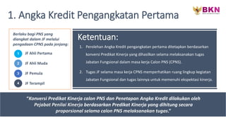 1. Angka Kredit Pengangkatan Pertama
1. Perolehan Angka Kredit pengangkatan pertama ditetapkan berdasarkan
konversi Predikat Kinerja yang dihasilkan selama melaksanakan tugas
Jabatan Fungsional dalam masa kerja Calon PNS (CPNS).
2. Tugas JF selama masa kerja CPNS memperhatikan ruang lingkup kegiatan
Jabatan Fungsional dan tugas lainnya untuk memenuhi ekspektasi kinerja.
“Konversi Predikat Kinerja calon PNS dan Penetapan Angka Kredit dilakukan oleh
Pejabat Penilai Kinerja berdasarkan Predikat Kinerja yang dihitung secara
proporsional selama calon PNS melaksanakan tugas.”
Ketentuan:
Berlaku bagi PNS yang
diangkat dalam JF melalui
pengadaan CPNS pada jenjang:
1
2
3
4
JF Ahli Pertama
JF Ahli Muda
JF Pemula
JF Terampil
 