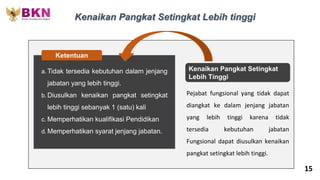 Kenaikan Pangkat Setingkat
Lebih Tinggi
Pejabat fungsional yang tidak dapat
diangkat ke dalam jenjang jabatan
yang lebih tinggi karena tidak
tersedia kebutuhan jabatan
Fungsional dapat diusulkan kenaikan
pangkat setingkat lebih tinggi.
Ketentuan
a. Tidak tersedia kebutuhan dalam jenjang
jabatan yang lebih tinggi.
b. Diusulkan kenaikan pangkat setingkat
lebih tinggi sebanyak 1 (satu) kali
c. Memperhatikan kualifikasi Pendidikan
d. Memperhatikan syarat jenjang jabatan.
Kenaikan Pangkat Setingkat Lebih tinggi
15
 