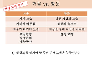 거울 vs. 창문
거울 창문
자기 모습 다른 사람의 모습
개인에 머무름 공동체 속으로
좌우가 바뀌어 있음 세상을 통해 자신을 바라봄
핵심감정
평생가치
재능동사
인생 고객
Q. 평생토록 섬겨야 할 주된 인생고객은 누구인가?
 