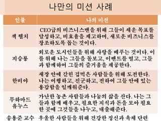 나만의 미션 사례
인물 나의 미션
잭 웰치
CEO급의 비즈니스맨을 위해 그들이 세운 목표를
달성하고, 비효율을 제고하며, 새로운 비즈니스를
창조하도록 돕는 것이다.
지승룡
외로운 도시인들을 위해 사랑을 베푸는 것이다. 이
를 위해 나는 그들을 돌보고, 이벤트를 열고, 그들
과 함께하여 그들의 즐거움을 제공한다.
한비야
새장 안에 갇힌 겁먹은 사람들을 위해 도전한다.
나는 여행하고, 진군하고, 전하여 그들 안에 있는
용감함을 일깨워준다.
무하마드
유누스
가난한 농촌 사람들과 나눔의 삶을 산다. 나는 그
들과 함께 배우고, 필요한 지식과 돈을 모아 필요
한 곳에 그것들을 나누고, 대출해준다.
송용준 교수 우울한 사람들을 위해 건강한 정신과 육체 단련
 