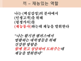 끼 – 재능있는 역할
나는 (핵심감정)의 분야에서
(인생고객)을 위해
(평생가치)를
(재능동사)하는데 재능을 발휘한다
“나는 활기찬 캠퍼스에서
방황하는 대학생들을 위해
건강한 방향을
함께 찾고 상담하며 도와주는데
재능을 발휘한다”
 