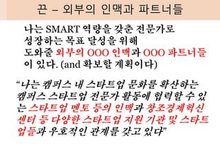 끈 – 외부의 인맥과 파트너들
나는 SMART 역량을 갖춘 전문가로
성장하는 목표 달성을 위해
도와줄 외부의 OOO 인맥과 OOO 파트너들
이 있다. (and 확보할 계획이다)
“나는 캠퍼스 내 스타트업 문화를 확산하는
캠퍼스 스타트업 전문가 활동에 협력할 수 있
는 스타트업 멘토 등의 인맥과 창조경제혁신
센터 등 다양한 스타트업 지원 기관 및 스타트
업들과 우호적인 관계를 갖고 있다”
 