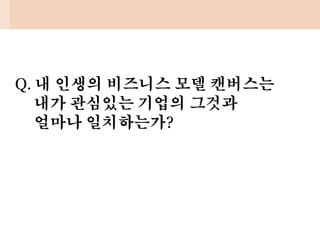 Q. 내 인생의 비즈니스 모델 캔버스는
내가 관심있는 기업의 그것과
얼마나 일치하는가?
 