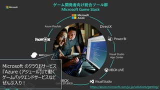 Microsoft Game Stack
Azure PlayFab
Visual Studio
App Center
ゲーム開発者向け統合ツール群
Microsoft Game Stack
Microsoft のクラウドサービス
『Azure (アジュール)』で動く
ゲームバックエンドサービスなど
ぜんぶ入り！
https://azure.microsoft.com/ja-jp/solutions/gaming/
 