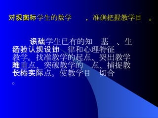 一、面对学生的数学现实，准确把握教学目标。 多从学生已有的知识基础、生活经验、认知规律和心理特征设计教学。找准教学的起点、突出教学的重点、突破教学的难点、捕捉教学的生长点。使教学目标切合实际。 