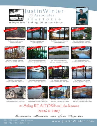 Distinctive Mountain and Lake Properties Distinctive Mountain and Lake Properties
www.JustinWinter.com www.JustinWinter.com864-506-6387 L ake Keowee
828-712-7877 Asheville
864- 506- 6387 Lake Keowee
828- 712- 7877 Asheville
This marketing information is not meant to solicit properties currently listed by another Broker.
The Cliffs at Keowee Falls
List Price $789,000
The Cliffs at Keowee Springs
Sold Price $550,000 - 100% of list
The Cliffs at Keowee Vineyards
List Price $495,000
The Cliffs at Keowee Vineyards
Sold Price $540,000 - 95% of list
The Reserve at Lake Keowee
Sold Price $905,000 - 96% of list
The Reserve at Lake Keowee
List Price $169,000
The Cliffs at Keowee Falls South
Sold Price $1,075,000 - 96% of list
The Cliffs at Keowee Vineyards
Sold Price $685,000 - 91% of list
The Cliffs at Keowee Falls South
Sold Price $730,000 - 97% of list
The Cliffs at Keowee Vineyards
Sold Price $1,350,000 - 97% of list
The Cliffs at Keowee Falls
Sold Price $399,000 - 100% of list
The Reserve at Lake Keowee
Sold Price $2,550,000 - 95% of list
The Cliffs at Keowee Vineyards
Sold Price $740,000 - 95% of list
The Cliffs at Keowee Falls
Sold Price $790,000 - 99% of list
The Reserve at Lake Keowee
Sold Price $507,946 - 93% of list
The Cliffs at Keowee Vineyards
Sold Price $1,400,000 - 94% of list
#1 Selling REALTOR® on Lake Keowee
Under Contract
Under Contract
Under Contract
SOLD
SOLD SOLD SOLD SOLD
SOLD SOLD SOLD SOLD
SOLD SOLD SOLD SOLD
Current Listings
Over $59m in resale inventory. View my web site for a complete list.
The Reserve at Lake Keowee
Offered at $995,000
The Cliffs at Keowee Vineyards
Offered at $575,000
The Reserve at Lake Keowee
Offered at $439,000
The Cliffs at Keowee Vineyards
Offered at $149,950
The Reserve at Lake Keowee
Offered at $698,000
The Reserve at Lake Keowee
Offered at $175,000
The Reserve at Lake Keowee
Offered at 3,749,000
The Cliffs at Keowee Falls
Offered at $579,000
The Cliffs at Keowee Falls South
Offered at $1,569,000
The Cliffs at Keowee Vineyards
Offered at $1,495,000
The Cliffs at Keowee Vineyards
Offered at $1,899,000
The Cliffs at Keowee Vineyards
Offered at $2,395,000
2006 & 2007
 