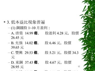 3. 低本益比現象普遍 (1) 鋼鐵股 1~10 月盈利： A. 唐榮  14.99 億，每股盈利 4.28 元，股價 26.45 元 B. 允強  14.02 億，每股 6.46 元，股價 39.65 元 C. 豐興  29.53 億，每股 5.21 元，股價 34.3 元 D. 東鋼  37.43 億，每股 4.67 元，股價 28.95 元 E. 中鴻  56.63 億，每股 4.41 元，股價 17.8 元 