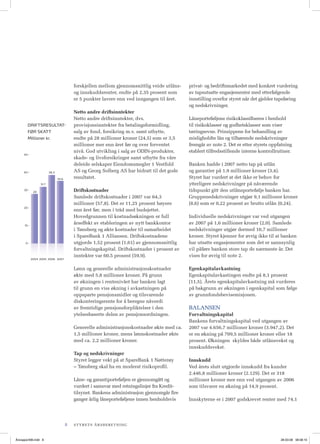 forskjellen mellom gjennomsnittlig veide utlåns-    privat- og bedriftsmarkedet med konkret vurdering
                                            og innskuddsrenter, endte på 2,35 prosent som       av tapsutsatte engasjementer med etterfølgende
                                            er 5 punkter lavere enn ved inngangen til året.     innstilling overfor styret når det gjelder tapsføring
                                                                                                og nedskrivninger.
                                            Netto andre driftsinntekter
                                            Netto andre driftsinntekter, dvs.                   Låneporteføljene risikoklassiﬁseres i henhold
           DRIFTSRESULTAT-                  provisjonsinntekter fra betalingsformidling,        til risikoklasser og godhetsklasser som viser
           FØR SKATT                        salg av fond, forsikring m.v. samt utbytte,         tæringsevne. Prinsippene for behandling av
           Millioner kr.                    endte på 28 millioner kroner (24,5) som er 3,5      misligholdte lån og tilhørende nedskrivninger
                                            millioner mer enn året før og over forventet        fremgår av note 2. Det er etter styrets oppfatning
                                            nivå. God utvikling i salg av ODIN-produkter,       etablert tilfredsstillende interne kontrollrutiner.
     50
                                            skade- og livsforsikringer samt utbytte fra våre
                                            deleide selskaper Eiendomsmegler 1 Vestfold         Banken hadde i 2007 netto tap på utlån
     40                   38,3              AS og Georg Solberg AS har bidratt til det gode     og garantier på 1,9 millioner kroner (3,4).
                                 35,6       resultatet.                                         Styret har vurdert at det ikke er behov for
                   31,7                                                                         ytterligere nedskrivninger på nåværende
     30
              28                            Driftskostnader                                     tidspunkt gitt den utlånsportefølje banken har.
                                            Samlede driftskostnader i 2007 var 64,3             Gruppenedskrivninger utgjør 9,1 millioner kroner
                                            millioner (57,8). Det er 11,25 prosent høyere       (8,6) som er 0,22 prosent av brutto utlån (0,24).
     20
                                            enn året før, men i tråd med budsjettet.
                                            Hovedgrunnen til kostnadsøkningen er full           Individuelle nedskrivninger var ved utgangen
      10
                                            årseffekt av etableringen av nytt bankkontor        av 2007 på 1,6 millioner kroner (2,0). Samlede
                                            i Tønsberg og økte kostnader til samarbeidet        nedskrivninger utgjør dermed 10,7 millioner
                                            i SpareBank 1 Alliansen. Driftskostnadene           kroner. Styret kjenner for øvrig ikke til at banken
      0                                     utgjorde 1,52 prosent (1,61) av gjennomsnittlig     har utsatte engasjementer som det er sannsynlig
                                            forvaltningskapital. Driftskostnader i prosent av   vil påføre banken store tap de nærmeste år. Det
                                            inntekter var 60,5 prosent (59,9).                  vises for øvrig til note 2.
            2004 2005 2006 2007


                                            Lønn og generelle administrasjonskostnader          Egenkapitalavkastning
                                            økte med 5,8 millioner kroner. På grunn             Egenkapitalavkastingen endte på 8,1 prosent
                                            av økningen i rentenivået har banken lagt           (11,5). Årets egenkapitalavkastning må vurderes
                                            til grunn en viss økning i avkastningen på          på bakgrunn av økningen i egenkapital som følge
                                            oppsparte pensjonsmidler og tilsvarende             av grunnfondsbevisemisjonen.
                                            diskonteringsrente for å beregne nåverdi
                                            av fremtidige pensjonsforpliktelser i den           BALANSEN
                                            ytelsesbaserte delen av pensjonsordningen.          Forvaltningskapital
                                                                                                Bankens forvaltningskapital ved utgangen av
                                            Generelle administrasjonskostnader økte med ca.     2007 var 4.656,7 millioner kroner (3.947,2). Det
                                            1,5 millioner kroner, mens lønnskostnader økte      er en økning på 709,5 millioner kroner eller 18
                                            med ca. 2,2 millioner kroner.                       prosent. Økningen skyldes både utlånsvekst og
                                                                                                innskuddsvekst.
                                            Tap og nedskrivninger
                                            Styret legger vekt på at SpareBank 1 Nøtterøy       Innskudd
                                            – Tønsberg skal ha en moderat risikoproﬁl.          Ved årets slutt utgjorde innskudd fra kunder
                                                                                                2.446,8 millioner kroner (2.129). Det er 318
                                            Låne- og garantiporteføljen er gjennomgått og       millioner kroner mer enn ved utgangen av 2006
                                            vurdert i samsvar med retningslinjer fra Kredit-    som tilsvarer en økning på 14,9 prosent.
                                            tilsynet. Bankens administrasjon gjennomgår ﬁre
                                            ganger årlig låneporteføljene innen henholdsvis     Innskyterne er i 2007 godskrevet renter med 74,1




                                        8   STYRETS ÅRSBERETNING



Årsrapport08.indd 8                                                                                                                          28-03-08 08:58:10
 