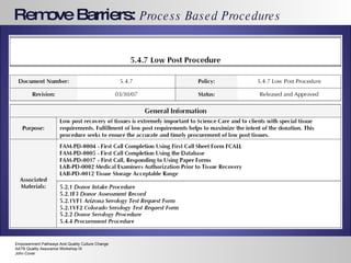 Remove Barriers:  Process Based Procedures Empowerment Pathways And Quality Culture Change AATB Quality Assurance Workshop IX John Cover 