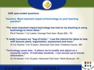6/10-6/13/07 WWW.AEPWEB.O
2006 open-ended questions
Teachers: Most important impact of technology on your teaching
practice?
“The most important impact technology has had on my teaching is using
technology to share ideas.”
Pre K Teacher / 1 to 3 years / Average Tech User / Bryan ISD – TX
“It vastly increases my “bag of tricks.” I use the internet for ideas to help
with lessons plans, organization, assessment and more.”
Gr 3-5 Teacher / 4 to 10 years / Advanced Tech User / Frederick County - MD
“Technology saves time. It allows me to modify and adjust on a
moments notice. It motivates students. I can access up to minute
information.”
Gr 3-5 teacher / 4 to 10 years / Advanced Tech User / North Syracuse - NY
 
