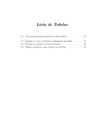 Lista de Tabelas
2.1 Eras computacionais propostas por Mark Weiser . . . . . . . . . . 18
6.1 Exemplo de driver serializado no ubiquitos-provider . . . . . . 71
6.2 Detalhes do ambiente de desenvolvimento . . . . . . . . . . . . . . 80
6.3 Quadro comparativo entre projetos da ubicomp . . . . . . . . . . 88
 