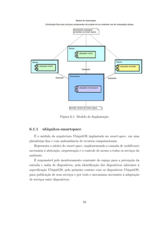 Figura 6.1: Modelo de Implantação
6.1.1 ubiquitos-smartspace
É o módulo da arquitetura UbiquitOS implantado no smart-space, em uma
plataforma fixa e com ambundância de recursos computacionais.
Representa o núcleo do smart-space, implementando a camada de middleware
necessária à abstração, orquestração e o controle de acesso a todos os serviços do
ambiente.
É responsável pelo monitoramento constante do espaço para a percepção da
entrada e saída de dispositivos, pela identificação dos dispositivos aderentes à
especificação UbiquitOS, pelo primeiro contato com os dispositivos UbiquitOS,
para publicação de seus serviços e por todo o mecanismo necessário à adaptação
de serviços entre dispositivos.
59
 