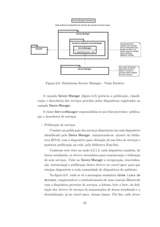 Figura 6.8: Subsistema Service Manager - Visão Estática
A camada Service Manager (figura 6.8) gerencia a publicação, classifi-
cação e descoberta dos serviços providos pelos dispositivos registrados na
camada Device Manager.
A classe ServiceManager responsabiliza-se por dois processos: publica-
ção e descoberta de serviços.
– Publicação de serviços
Consiste na publicação dos serviços disponíveis em cada dispositivo
identificado pelo Device Manager, comunicando-se, através da biblio-
teca BtUtil, com o dispositivo para obtenção de sua lista de serviços e
posterior publicação na rede, pela biblioteca EasyJini.
Conforme será visto na seção 6.2.1.2, cada dispositivo mantém, de
forma serializada, os drivers necessários para comunicação e utilização
de seus serviços. Cabe ao Service Manager a recuperação, deserializa-
ção, instanciação e publicação destes drivers no smart-space para que
estejam disponíveis a toda comunidade de dispositivos do ambiente.
Na figura 6.9 , onde se vê a mensagem semântica obtém lista de
drivers, compreende-se o estabelecimento de uma conexão Bluetooth
com o dispositivo provedor de serviços, a leitura, byte a byte, da defi-
nição dos drivers de serviços lá armazenados de forma serializada e a
deserialização, já no smart-space, dessas classes. Por fim, cada driver
65
 