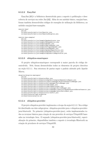 6.3.2.2 EasyJini
EasyJini [65] é a biblioteca desenvolvida para o suporte à publicação e dese-
coberta de serviços em redes Jini [62]. Além de seu módulo básico, easyjini-base,
foram também desenvolvidos códigos de exemplos de utilização da biblioteca, no
módulo easyjini-base-examples.
easyjini-base/
pom.xml
src/main/java/br/unb/cic/jini/EasyJini.java
src/main/java/br/unb/cic/jini/EasyJiniException.java
easyjini-base-examples/
pom.xml
src/main/java/br/cic/jini/example/SpeakersLocator.java
src/main/java/br/cic/jini/example/MyDummyService.java
src/main/java/br/cic/jini/example/Speaker.java
src/main/java/br/cic/jini/example/EnglishSpeaker.java
src/main/java/br/cic/jini/example/PortugueseSpeaker.java
src/main/java/br/cic/jini/example/FrenchSpeaker.java
src/main/java/br/cic/jini/example/SpeakersRegistration.java
src/main/java/br/cic/jini/example/SimpleServiceLocator.java
src/main/java/br/cic/jini/example/SimpleServiceRegistration.java
6.3.2.3 ubiquitos-smartspace
O projeto ubiquitos-smartspace corresponde à maior parcela do código de-
senvolvido. Nele, foram desenvolvidos todos os elementos de projeto descritos
na seção 6.2.1.1. Sua estrutura de pastas segue o padrão adotado pelo Apache
Maven.
ubiquitos/ubiquitos-smartspace/
pom.xml
src/main/java/br/unb/cic/ubiquitos/Main.java
src/main/java/br/unb/cic/ubiquitos/adaptabilityengine/AdaptabilityEngine.java
src/main/java/br/unb/cic/ubiquitos/connectionmanager/BluetoothConnectionManager.java
src/main/java/br/unb/cic/ubiquitos/devicemanager/DeviceManager.java
src/main/java/br/unb/cic/ubiquitos/radar/Radar.java
src/main/java/br/unb/cic/ubiquitos/radar/RadarListener.java
src/main/java/br/unb/cic/ubiquitos/servicemanager/ServiceManager.java
src/main/java/br/unb/cic/ubiquitos/servicemanager/connectors/SpeakerBluetoothServerConnector.java
src/main/java/br/unb/cic/ubiquitos/servicemanager/entry/ServiceHost.java
src/main/java/br/unb/cic/ubiquitos/util/JarUtil.java
src/main/resources/log4j.properties
src/main/resources/policy.all
6.3.2.4 ubiquitos-provider
O projeto ubiquitos-provider implementa o design da seção 6.2.1.2. Seu código
foi distribuído em dois subprojetos: ubiquitos-provider-java e ubiquitos-provider-
java-bluetooth. No primeiro (ubiquitos-provider-java), estão implementados to-
dos os recursos básicos para criação de um provedor de serviços UbiquitOS base-
ados na tecnologia Java. O segundo (ubiquitos-provider-java-bluetooth), especi-
alização do primeiro, disponibiliza também o suporte à tecnologia Bluetooth na
criação de prvedores de serviços UbiquitOS.
82
 