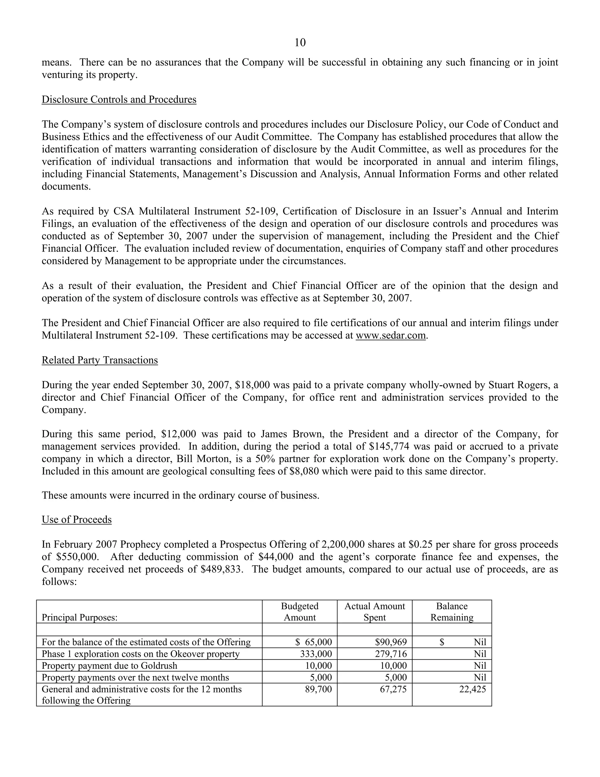 10
means. There can be no assurances that the Company will be successful in obtaining any such financing or in joint
venturing its property.

Disclosure Controls and Procedures

The Company’s system of disclosure controls and procedures includes our Disclosure Policy, our Code of Conduct and
Business Ethics and the effectiveness of our Audit Committee. The Company has established procedures that allow the
identification of matters warranting consideration of disclosure by the Audit Committee, as well as procedures for the
verification of individual transactions and information that would be incorporated in annual and interim filings,
including Financial Statements, Management’s Discussion and Analysis, Annual Information Forms and other related
documents.

As required by CSA Multilateral Instrument 52-109, Certification of Disclosure in an Issuer’s Annual and Interim
Filings, an evaluation of the effectiveness of the design and operation of our disclosure controls and procedures was
conducted as of September 30, 2007 under the supervision of management, including the President and the Chief
Financial Officer. The evaluation included review of documentation, enquiries of Company staff and other procedures
considered by Management to be appropriate under the circumstances.

As a result of their evaluation, the President and Chief Financial Officer are of the opinion that the design and
operation of the system of disclosure controls was effective as at September 30, 2007.

The President and Chief Financial Officer are also required to file certifications of our annual and interim filings under
Multilateral Instrument 52-109. These certifications may be accessed at www.sedar.com.

Related Party Transactions

During the year ended September 30, 2007, $18,000 was paid to a private company wholly-owned by Stuart Rogers, a
director and Chief Financial Officer of the Company, for office rent and administration services provided to the
Company.

During this same period, $12,000 was paid to James Brown, the President and a director of the Company, for
management services provided. In addition, during the period a total of $145,774 was paid or accrued to a private
company in which a director, Bill Morton, is a 50% partner for exploration work done on the Company’s property.
Included in this amount are geological consulting fees of $8,080 which were paid to this same director.

These amounts were incurred in the ordinary course of business.

Use of Proceeds

In February 2007 Prophecy completed a Prospectus Offering of 2,200,000 shares at $0.25 per share for gross proceeds
of $550,000. After deducting commission of $44,000 and the agent’s corporate finance fee and expenses, the
Company received net proceeds of $489,833. The budget amounts, compared to our actual use of proceeds, are as
follows:

                                                         Budgeted      Actual Amount        Balance
Principal Purposes:                                      Amount            Spent           Remaining

For the balance of the estimated costs of the Offering      $ 65,000          $90,969        $       Nil
Phase 1 exploration costs on the Okeover property            333,000          279,716                Nil
Property payment due to Goldrush                              10,000           10,000                Nil
Property payments over the next twelve months                  5,000            5,000                Nil
General and administrative costs for the 12 months            89,700           67,275             22,425
following the Offering
 
