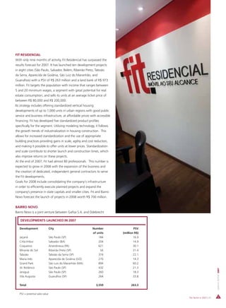 FIT RESIDENCIAL
With only nine months of activity, Fit Residencial has surpassed the
results forecast for 2007. It has launched ten development projects
in eight cities (São Paulo, Salvador, Belém, Ribeirão Preto, Taboão
da Serra, Aparecida de Goiânia, São Luiz do Maranhão, and
Guarulhos) with a PSV of R$ 263 million and a land bank of R$ 973
million. Fit targets the population with income that ranges between
5 and 20 minimum wages, a segment with great potential for real
estate consumption, and sells its units at an average ticket price of
between R$ 80,000 and R$ 200,000.
Its strategy includes offering standardized vertical housing
developments of up to 1,000 units in urban regions with good public
service and business infrastructure, at affordable prices with accessible
financing. Fit has developed five standardized product profiles
specifically for the segment. Utilizing modeling technology, it follows
the growth trends of industrialization in housing construction. This
allows for increased standardization and the use of appropriate
building practices providing gains in scale, agility and cost reduction,
and making it possible to offer units at lower prices. Standardization
and scale contribute to shorter launch and construction times, which
also improve returns on these projects.
At the end of 2007, Fit had almost 80 professionals. This number is
expected to grow in 2008 with the expansion of the business and
the creation of dedicated, independent general contractors to serve
the Fit developments.
Goals for 2008 include consolidating the company's infrastructure
in order to efficiently execute planned projects and expand the
company’s presence in state capitals and smaller cities. Fit and Bairro
Novo forecast the launch of projects in 2008 worth R$ 700 million.


BAIRRO NOVO
Bairro Novo is a joint venture between Gafisa S.A. and Odebrecht

   DEVELOPMENTS LAUNCHED IN 2007

   Development                   City                        Number                 PSV
                                                             of units       (million R$)
   Jaçanã                        São Paulo (SP)                  184                16.9
   Cittá Imbuí                   Salvador (BA)                   204                14.9
   Coqueiros                     Anandineua (PA)                 621                30.1
   Mirante do Sol                Ribeirão Preto (SP)              56                31.4
   Taboão                        Taboão da Serra (SP)            374                22.1
   Maria Inês                    Aparecida de Goiânia (GO)       270                14.3
   Grand Park                    São Luís do Maranhão (MA)       894                60.2
   Jd. Botânico                  São Paulo (SP)                  432                21.3
                                                                                                                     ANNUAL REPORT 2007




   Jaraguá                       São Paulo (SP)                  260                18.3
   Vila Augusta                  Guarulhos (SP)                  264                33.8


   Total                                                       3,559              263.3


   PSV = potential sales value
                                                                                           The Sector in 2007 | 29
 