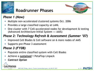 2007 ASC PI Mtg, John A. Turner (turner@lanl.gov), LA-UR-07-1037 p. 12
Roadrunner Phases
Phase 1 (Now)
• Multiple non-accelerated clustered systems Oct. 2006
• Provides a large classified capacity at LANL
• One cluster with 7 Cell-accelerated nodes for development & testing
(Advanced Architecture Initial System — AAIS)
Phase 2: Technology Refresh & Assessment (Summer ’07)
• Improved Cell Blades & Cell software on 6 more nodes of AAIS
• Supports pre-Phase 3 assessment
Phase 3 (FY08)
• Populate entire classified system with Cell Blades
• Achieve a sustained 1 PetaFlop Linpack
• Contract Option
 
