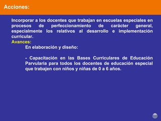 Acciones:
Incorporar a los docentes que trabajan en escuelas especiales en
procesos de perfeccionamiento de carácter general,
especialmente los relativos al desarrollo e implementación
curricular.
Avances:
En elaboración y diseño:
- Capacitación en las Bases Curriculares de Educación
Parvularia para todos los docentes de educación especial
que trabajen con niños y niñas de 0 a 6 años.
 