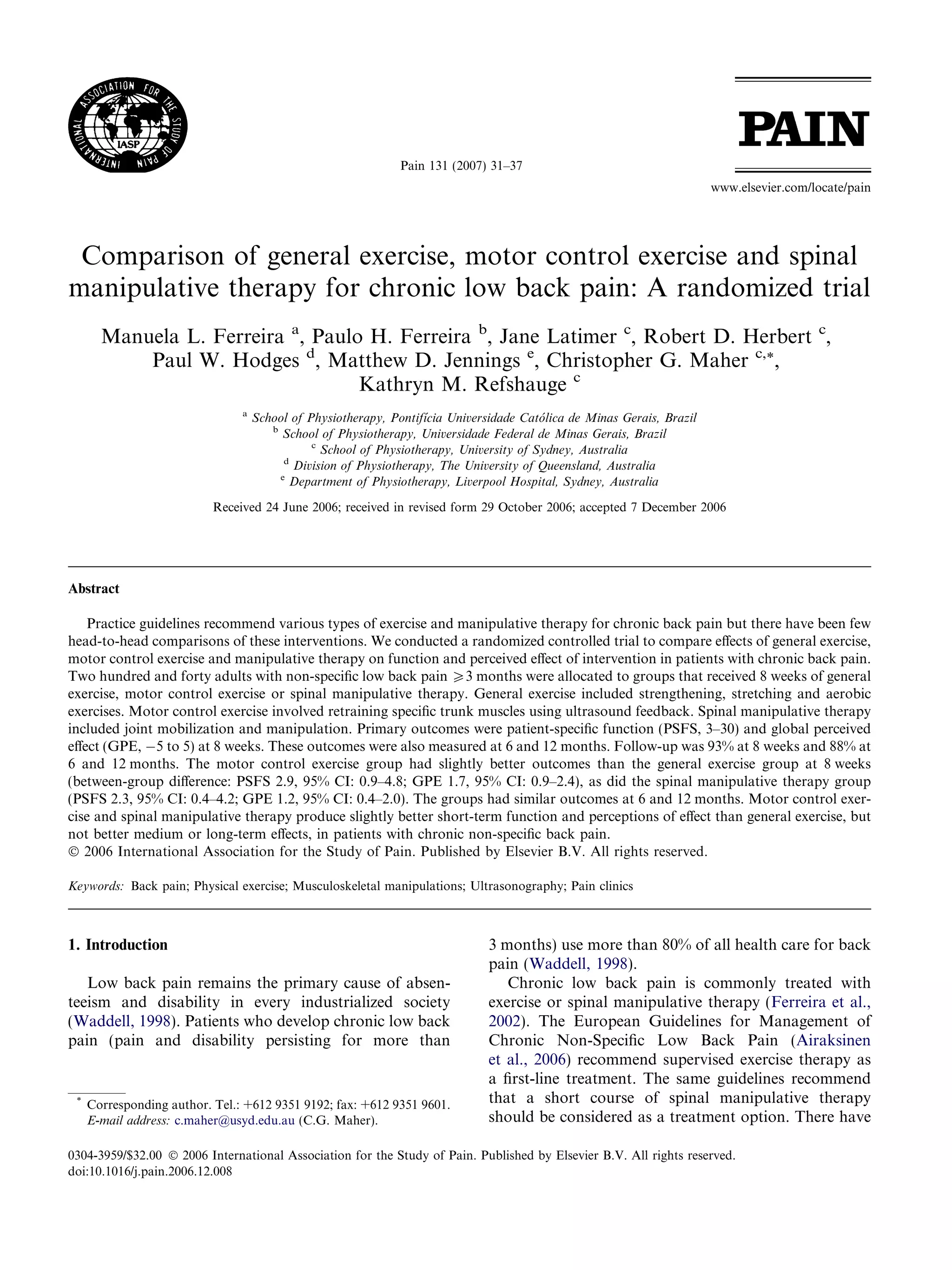 2007 comparison of general exercise, motor control exercise and spinal