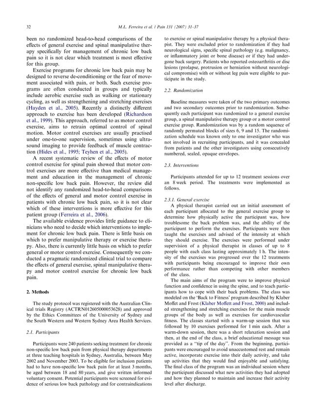 2007 comparison of general exercise, motor control exercise and spinal manipulative therapy for
