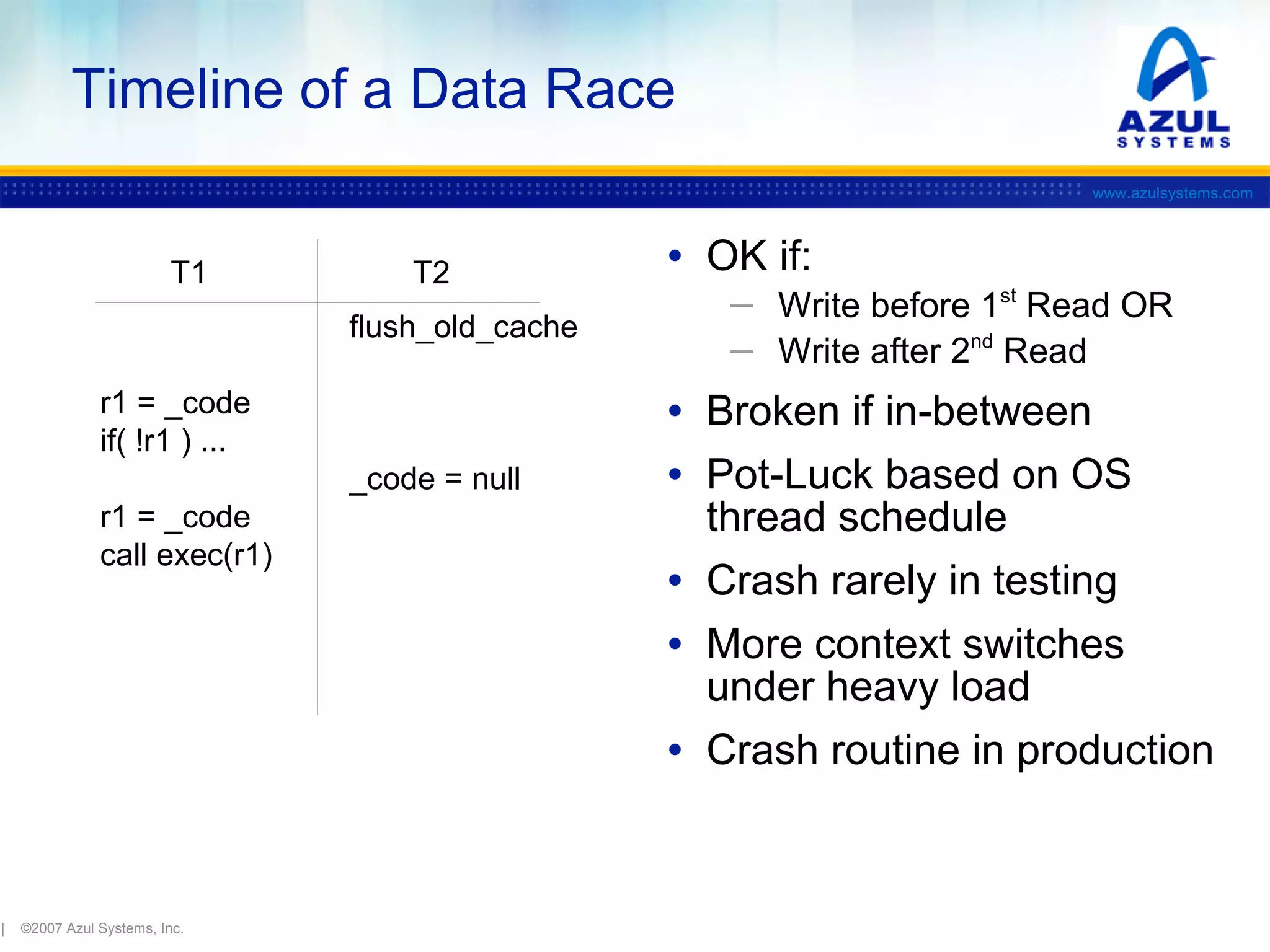 Timeline of a Data Race
www.azulsystems.com

T1

T2
flush_old_cache

r1 = _code
if( !r1 ) ...
_code = null
r1 = _code
call exec(r1)

|

©2007 Azul Systems, Inc.

• OK if:
─ Write before 1st Read OR
─ Write after 2nd Read

• Broken if in-between
• Pot-Luck based on OS

thread schedule
• Crash rarely in testing
• More context switches
under heavy load
• Crash routine in production

 