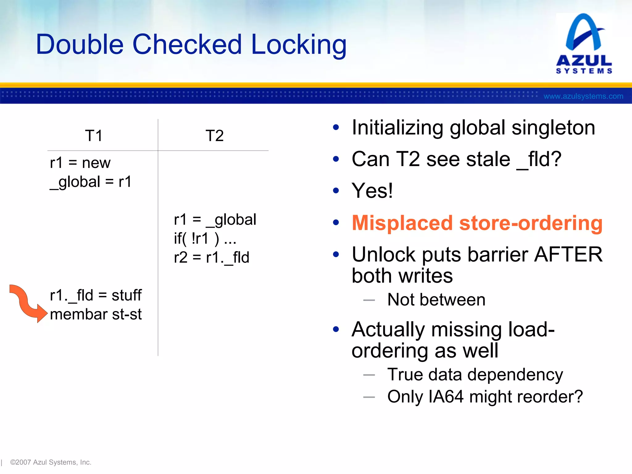 Double Checked Locking
www.azulsystems.com

T1

T2

r1 = new
_global = r1
r1 = _global
if( !r1 ) ...
r2 = r1._fld
r1._fld = stuff
membar st-st

•
•
•
•
•

Initializing global singleton
Can T2 see stale _fld?
Yes!
Misplaced store-ordering
Unlock puts barrier AFTER
both writes
─ Not between

• Actually missing loadordering as well

─ True data dependency
─ Only IA64 might reorder?

|

©2007 Azul Systems, Inc.

 