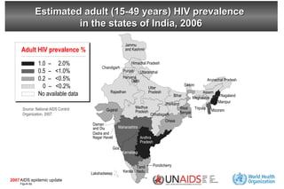 Estimated adult (15-49 years) HIV prevalence  in the states of India, 2006 Manipur Jammu  and Kashmir Nagaland Andhra Pradesh Karnataka Mizoram Maharashtra Goa Pondicherry Gujarat Tamil  Nadu Chandigarh West  Bengal Haryana Uttar Pradesh Uttaranchal Delhi Himachal Pradesh Orissa Kerala Rajasthan Chhatisgarh Madhya Pradesh Bihar Jharkand Tripura Punjab Sikkim Meghalaya Arunachal Pradesh Assam Lakshadweep Daman  and Diu  Dadra and Nagar Haveli  Adult HIV prevalence % 1.0  –  2.0% 0.5  –  <1.0% 0.2  –  <0.5% 0  –  <0.2% No available data 8a Source : National AIDS Control Organization, 2007. 