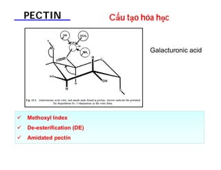 PECTIN Cấu tạo hóa học 
 Methoxyl Index 
 De-esterification (DE) 
 Amidated pectin 
Galacturonic acid 
 