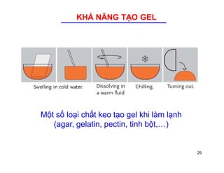 29 
KHẢ NĂNG TẠO GEL 
Một số loại chất keo tạo gel khi làm lạnh 
(agar, gelatin, pectin, tinh bột,…) 
 