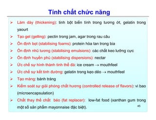 Tính chất chức năng 
 Làm dày (thickening): tinh bột biến tính trong tương ớt, gelatin trong 
yaourt 
 Tạo gel (gelling): pectin trong jam, agar trong rau câu 
 Ổn định bọt (stabilising foams): protein hòa tan trong bia 
 Ổn định nhũ tương (stabilising emulsions): các chất keo lưỡng cực 
 Ổn định huyền phù (stabilising dispersions): nectar 
 Ức chế sự hình thành tinh thể đá: ice cream  mouthfeel 
 Ức chế sự kết tinh đường: gelatin trong kẹo dẻo  mouthfeel 
 Tạo màng: bánh tráng 
 Kiểm soát sự giải phóng chất hương (controlled release of flavors): vi bao 
(microencapsulation) 
 Chất thay thế chất béo (fat replacer): low-fat food (xanthan gum trong 
một số sản phẩm mayonnaise đặc biệt). 45 
 